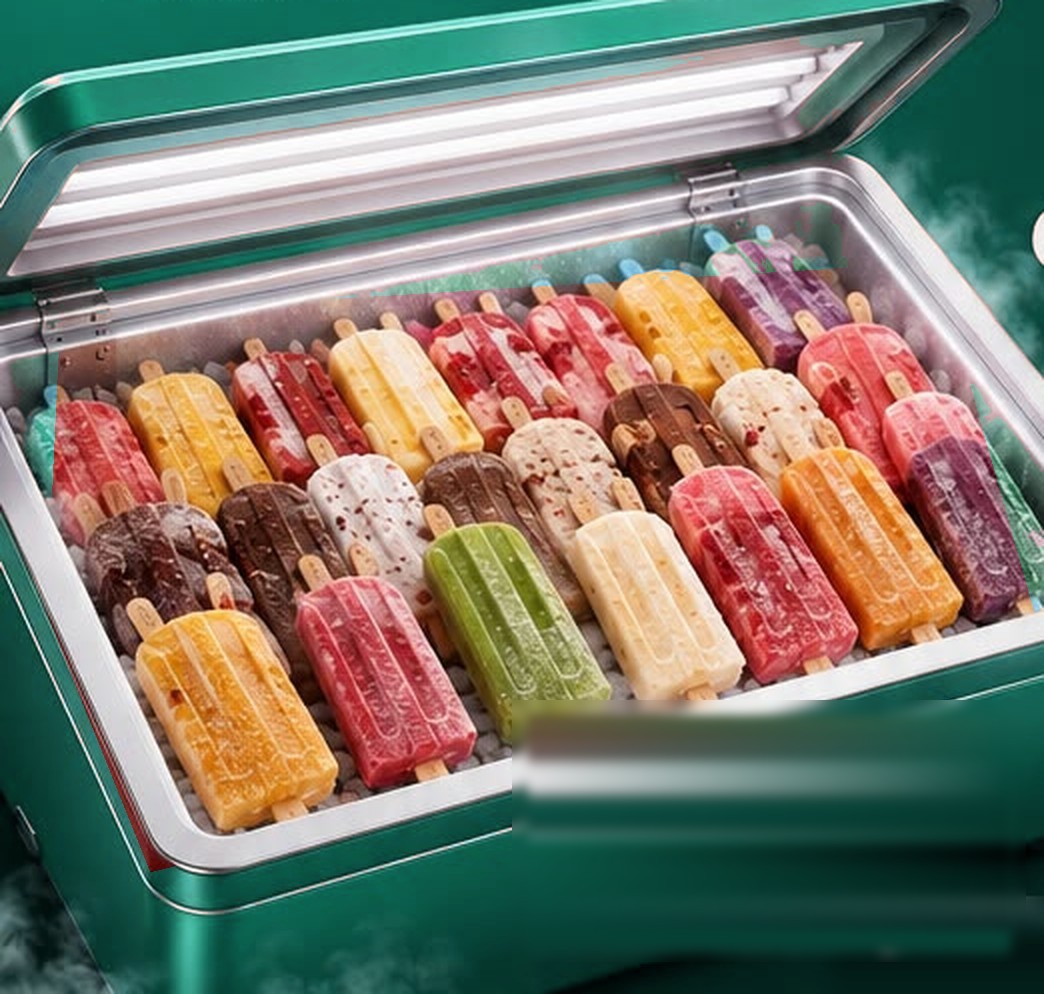 Freezer verde da Sorveteria Frescor aberto, cheio de picolés coloridos sobre gelo